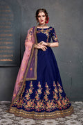 Dark Blue Taffeta Satin Silk Embroidered Lehenga Choli
