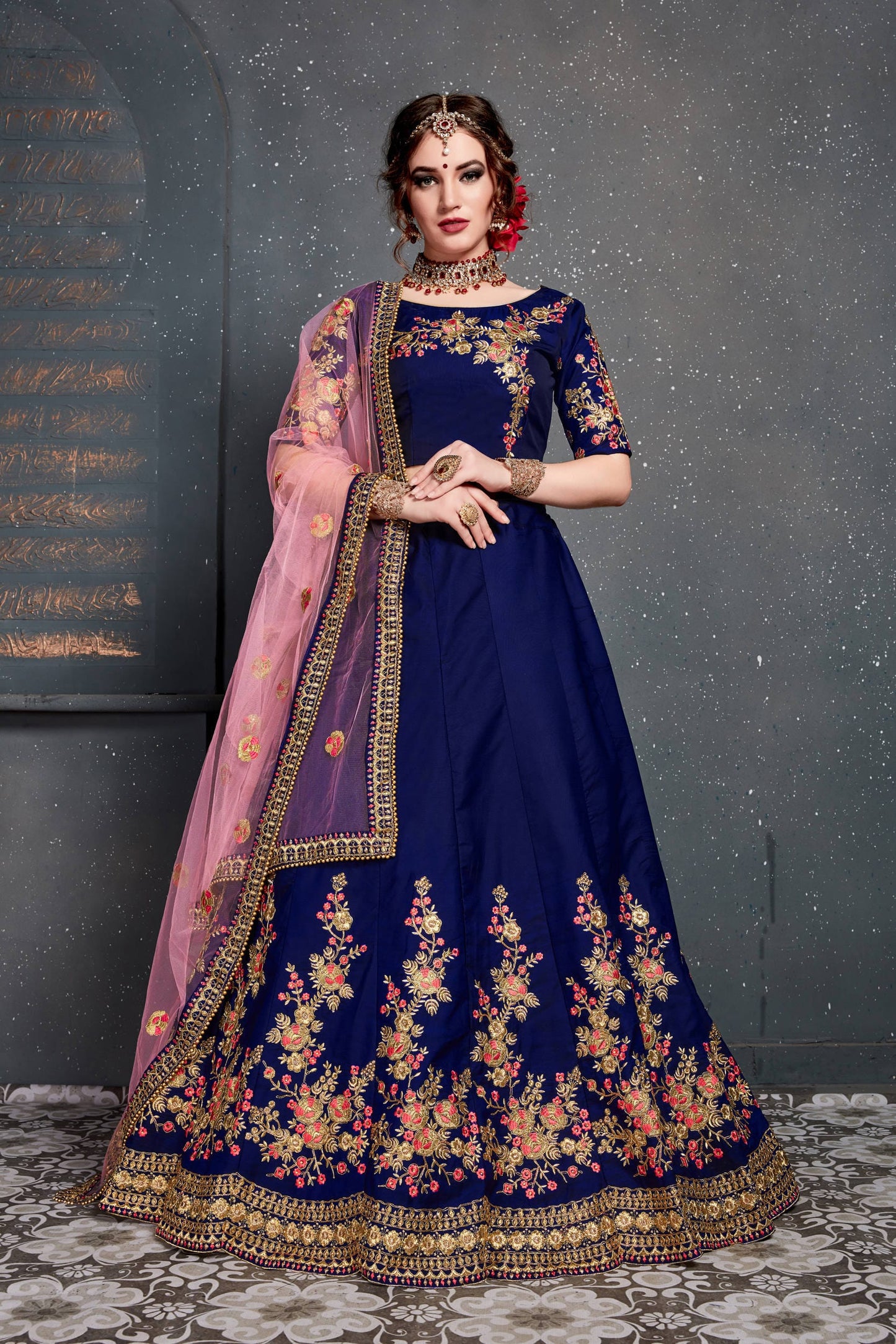 Dark Blue Taffeta Satin Silk Embroidered Lehenga Choli
