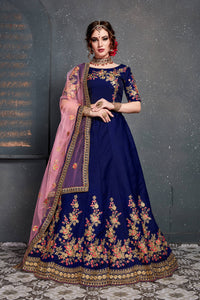 Dark Blue Taffeta Satin Silk Embroidered Lehenga Choli