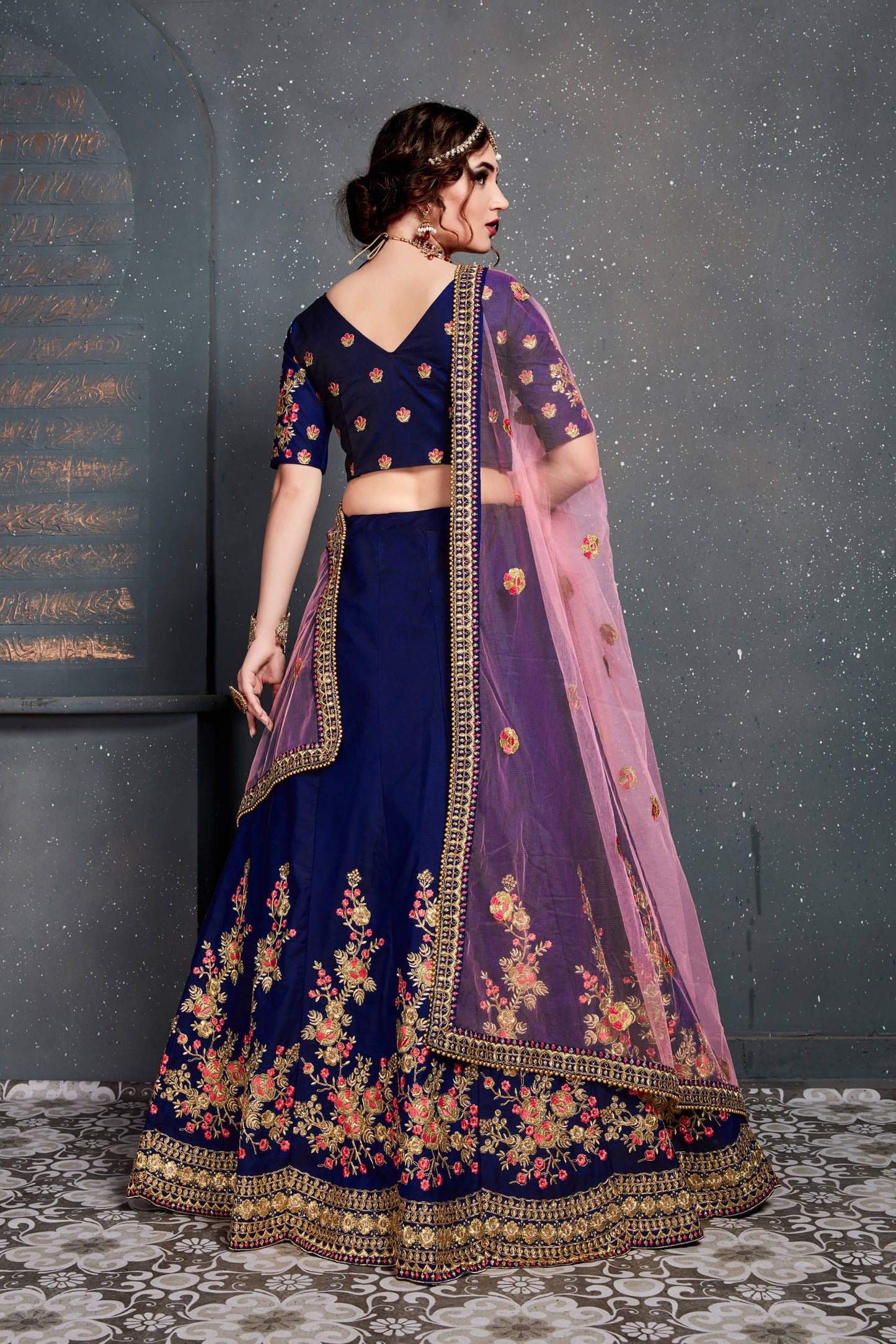 Dark Blue Taffeta Satin Silk Embroidered Lehenga Choli