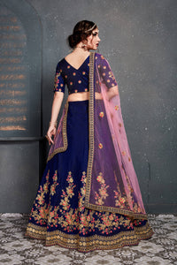 Dark Blue Taffeta Satin Silk Embroidered Lehenga Choli
