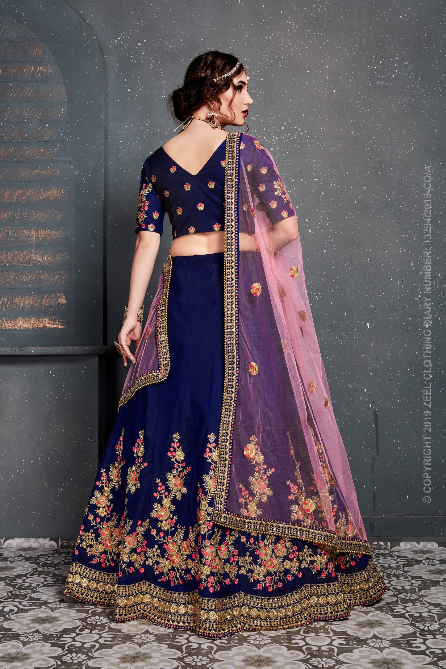 Royal Sapphire Bloom Taffeta Silk Lehenga Choli Set