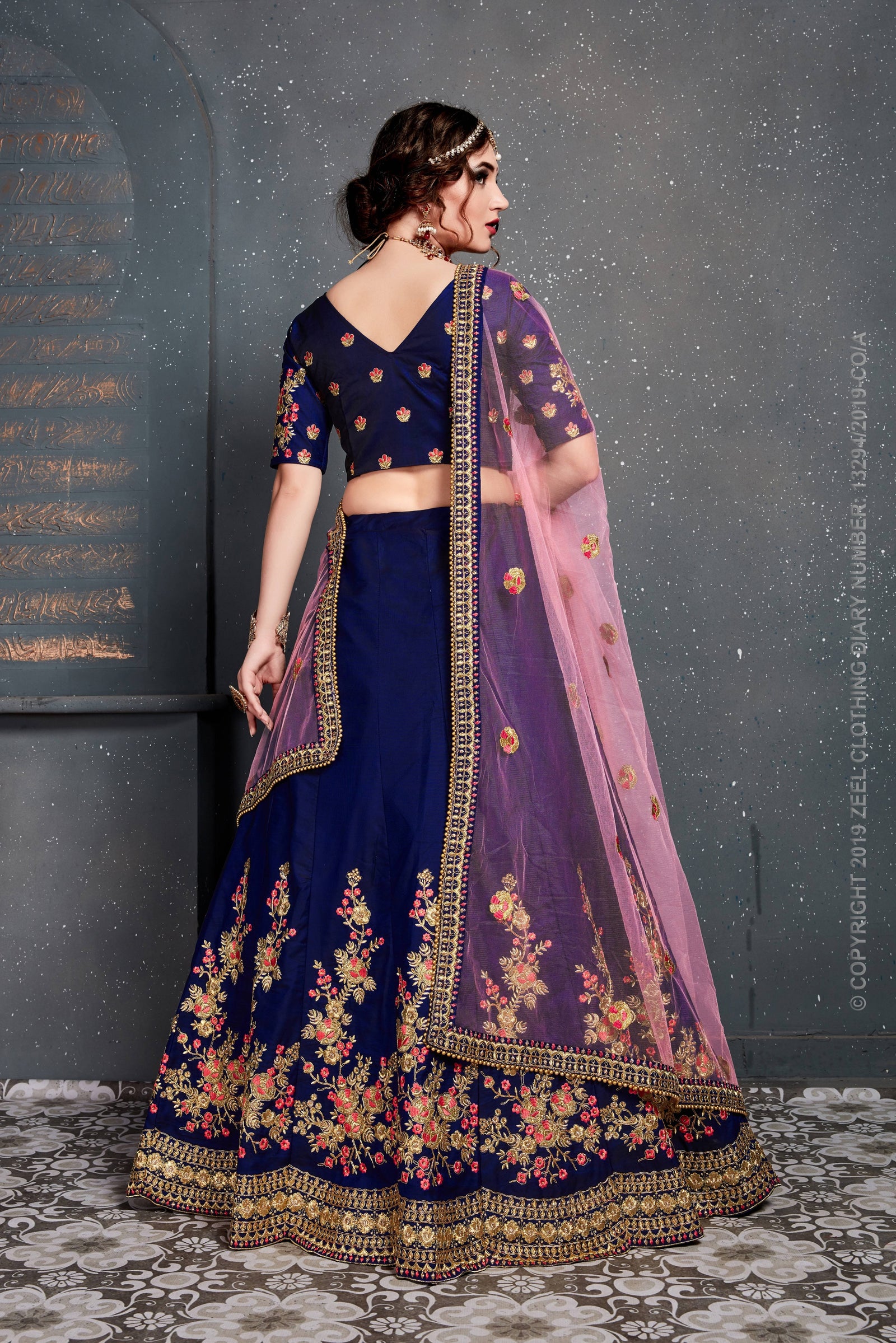Royal Sapphire Bloom Taffeta Silk Lehenga Choli Set