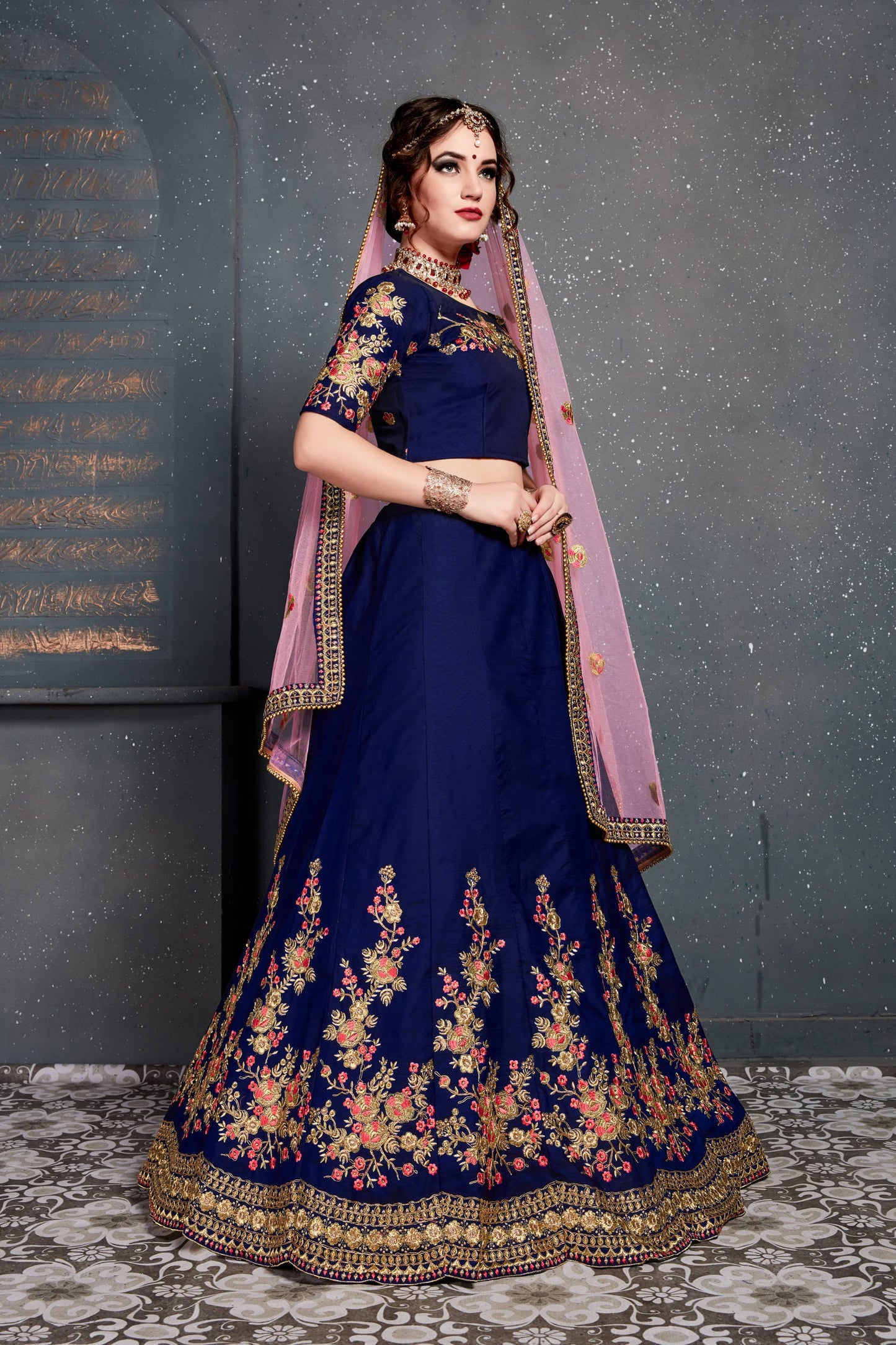 Dark Blue Taffeta Satin Silk Embroidered Lehenga Choli