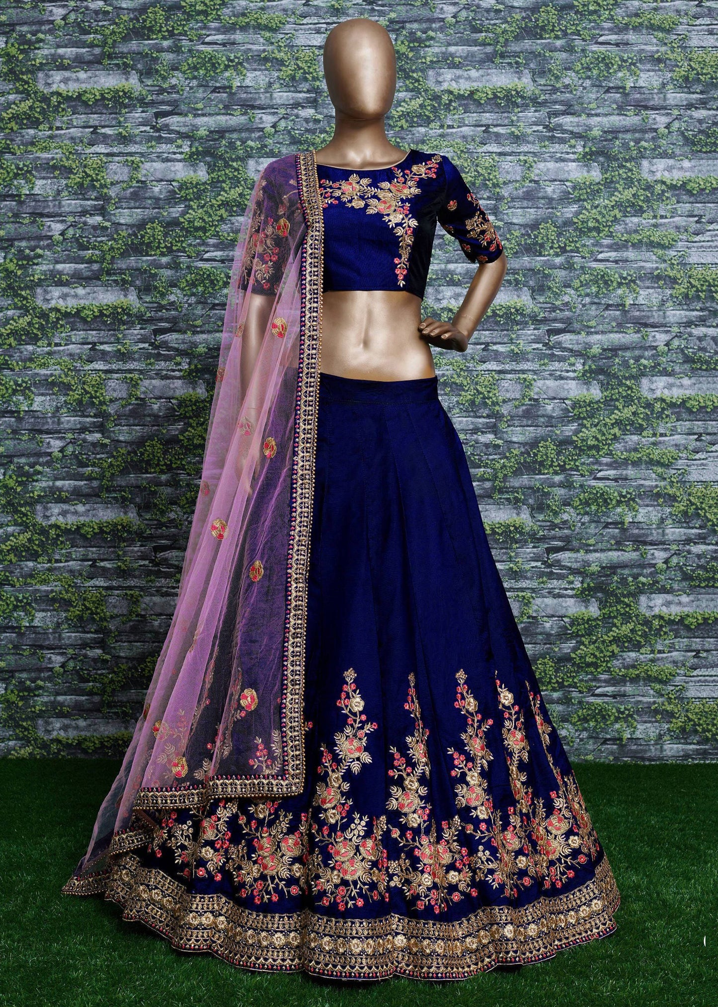 Royal Sapphire Bloom Taffeta Silk Lehenga Choli Set