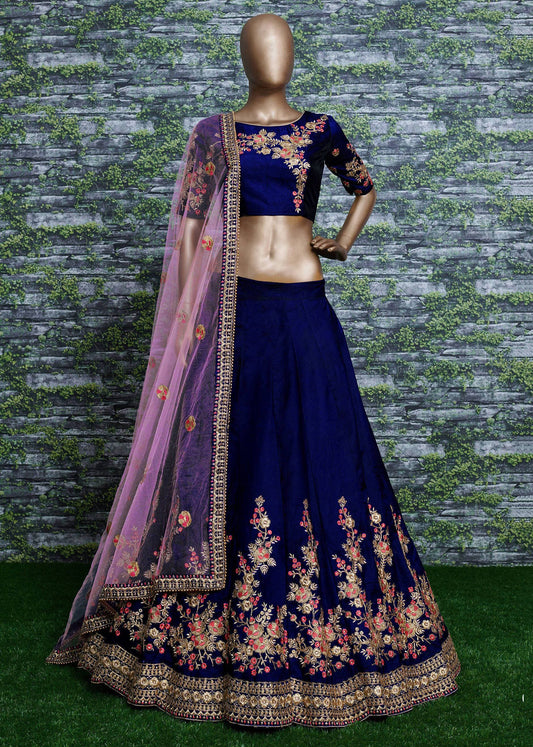 Royal Sapphire Bloom Taffeta Silk Lehenga Choli Set