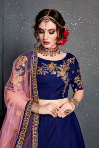 Dark Blue Taffeta Satin Silk Embroidered Lehenga Choli