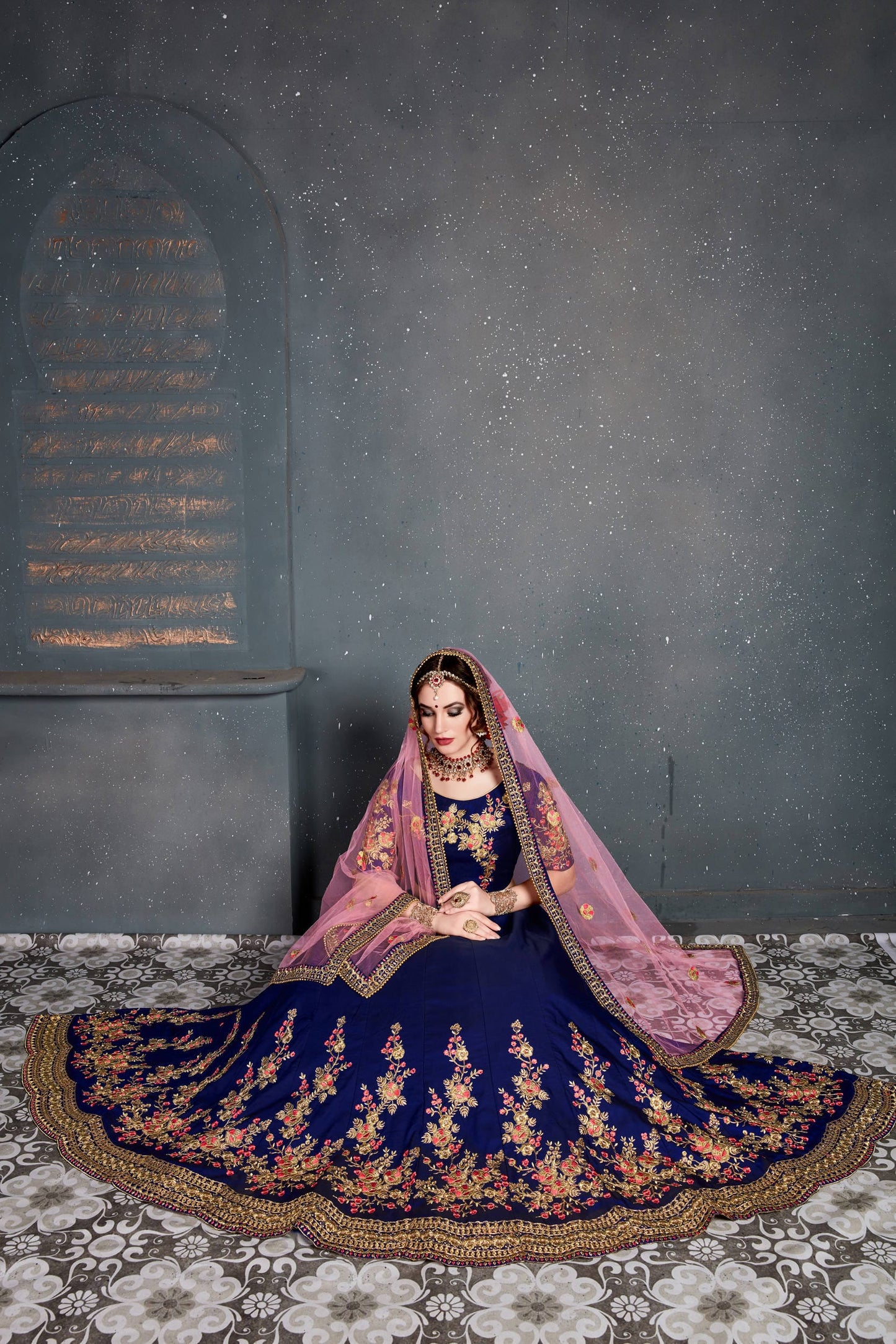 Dark Blue Taffeta Satin Silk Embroidered Lehenga Choli