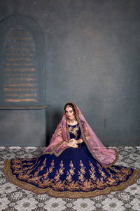 Dark Blue Taffeta Satin Silk Embroidered Lehenga Choli