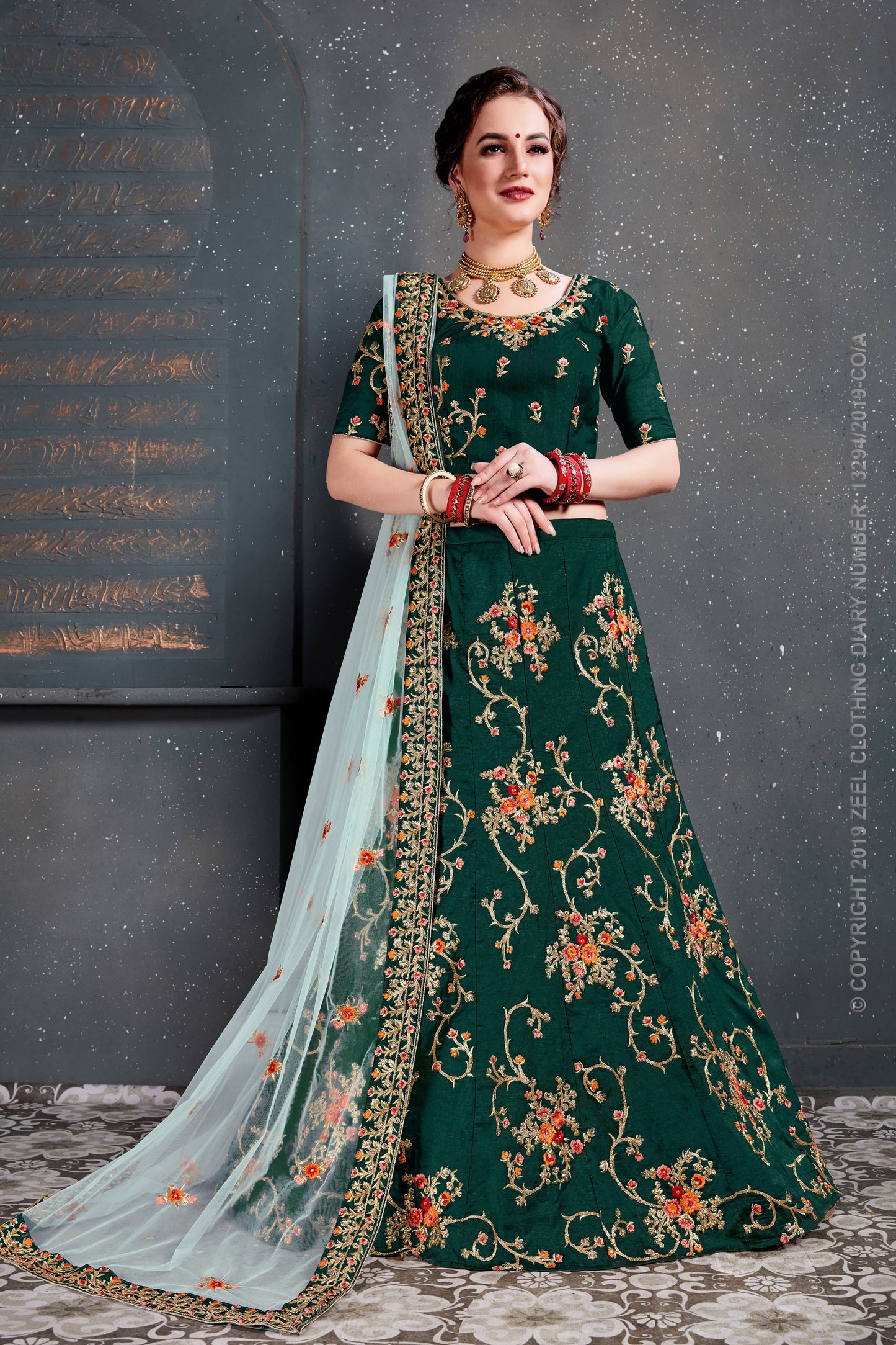 Emerald Blossom Taffeta Silk Lehenga Choli Set
