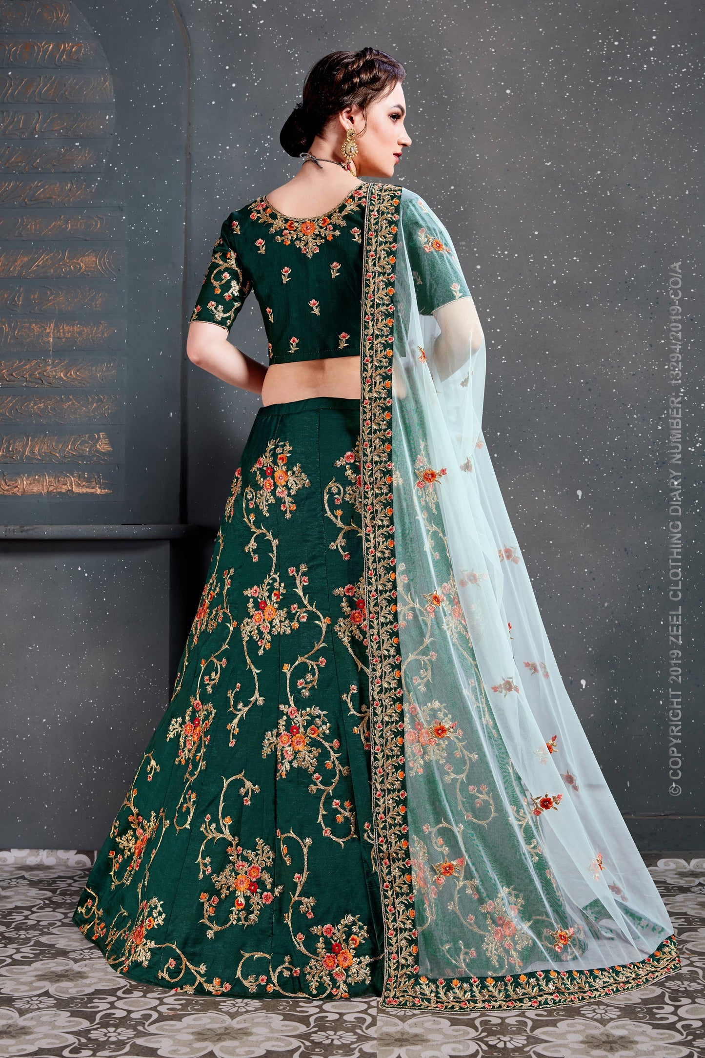 Emerald Blossom Taffeta Silk Lehenga Choli Set