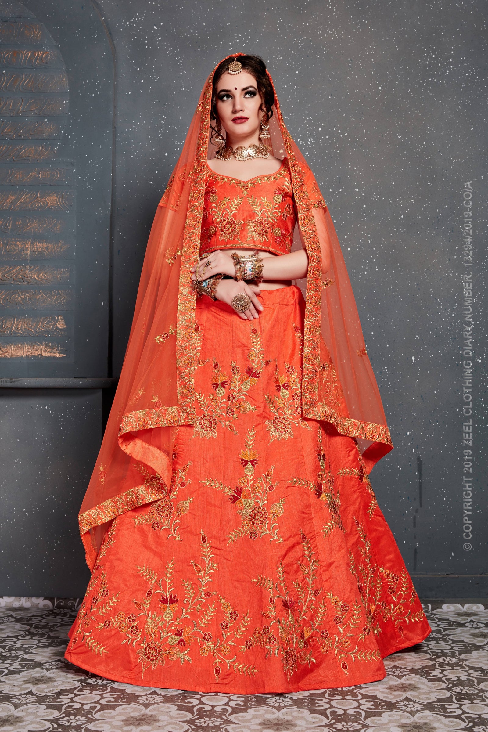 Sunset Ember Silk Embroidered Lehenga Choli Set
