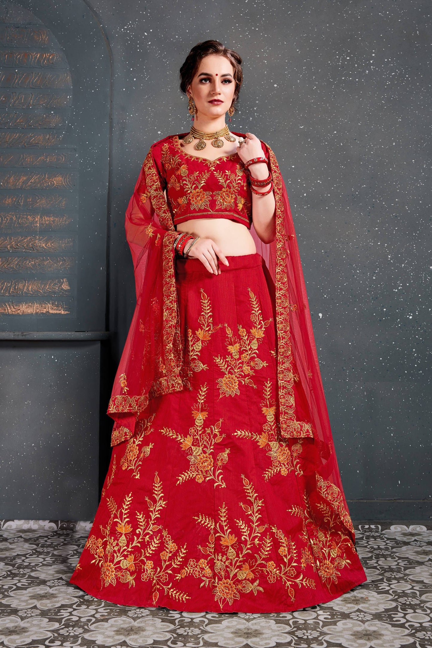 Red Slub Silk Embroidered Lehenga Choli Set