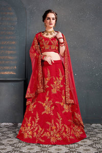 Red Slub Silk Embroidered Lehenga Choli Set
