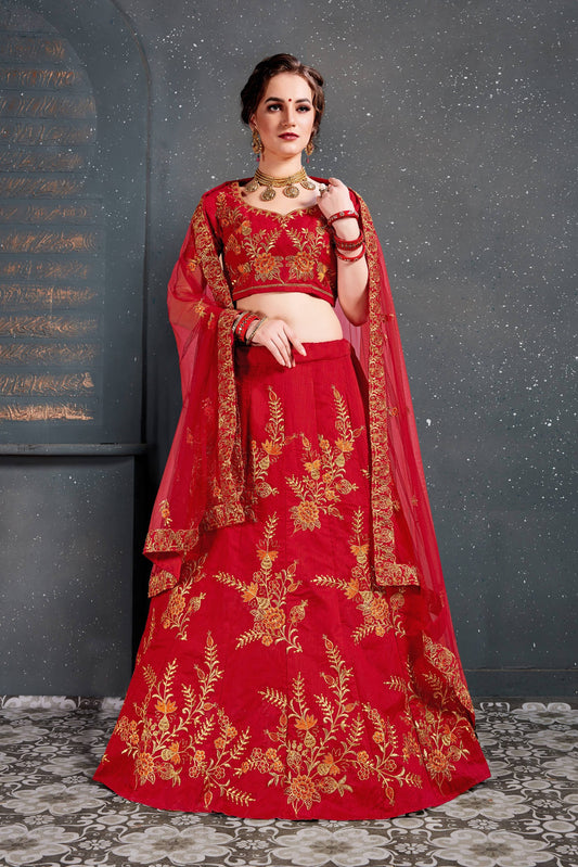 Red Slub Silk Embroidered Lehenga Choli Set