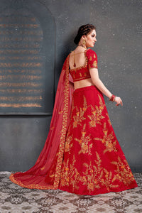 Red Slub Silk Embroidered Lehenga Choli Set