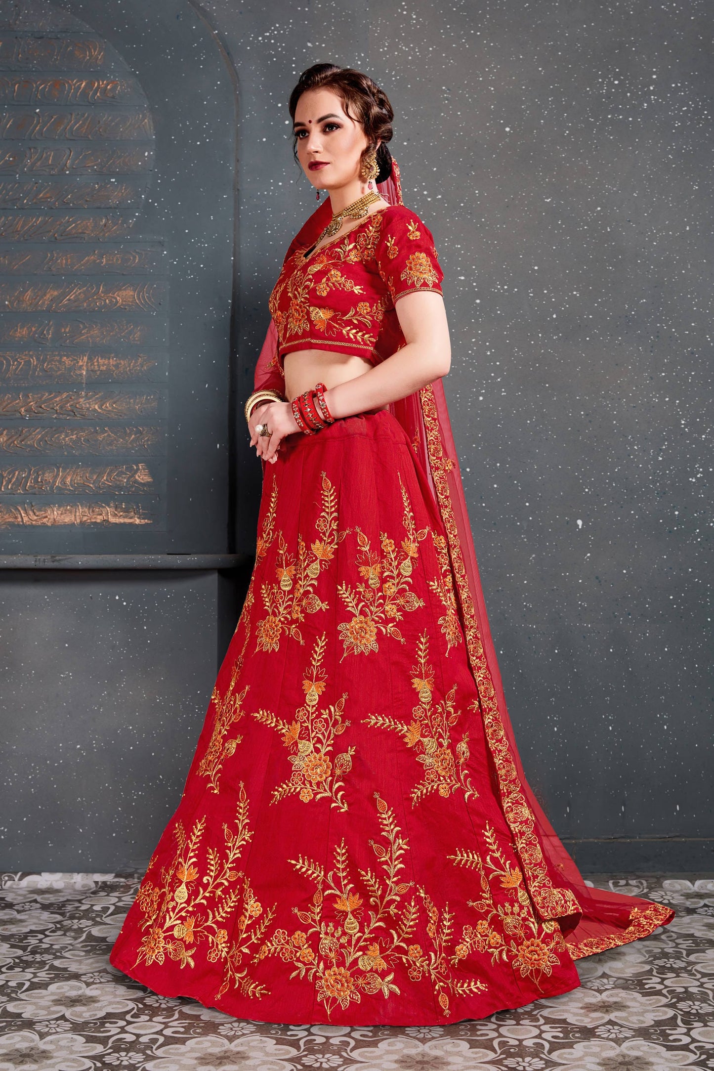 Red Slub Silk Embroidered Lehenga Choli Set