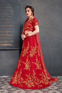 Red Slub Silk Embroidered Lehenga Choli Set