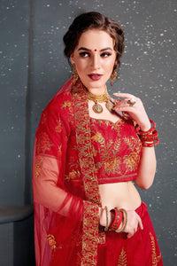 Red Slub Silk Embroidered Lehenga Choli Set