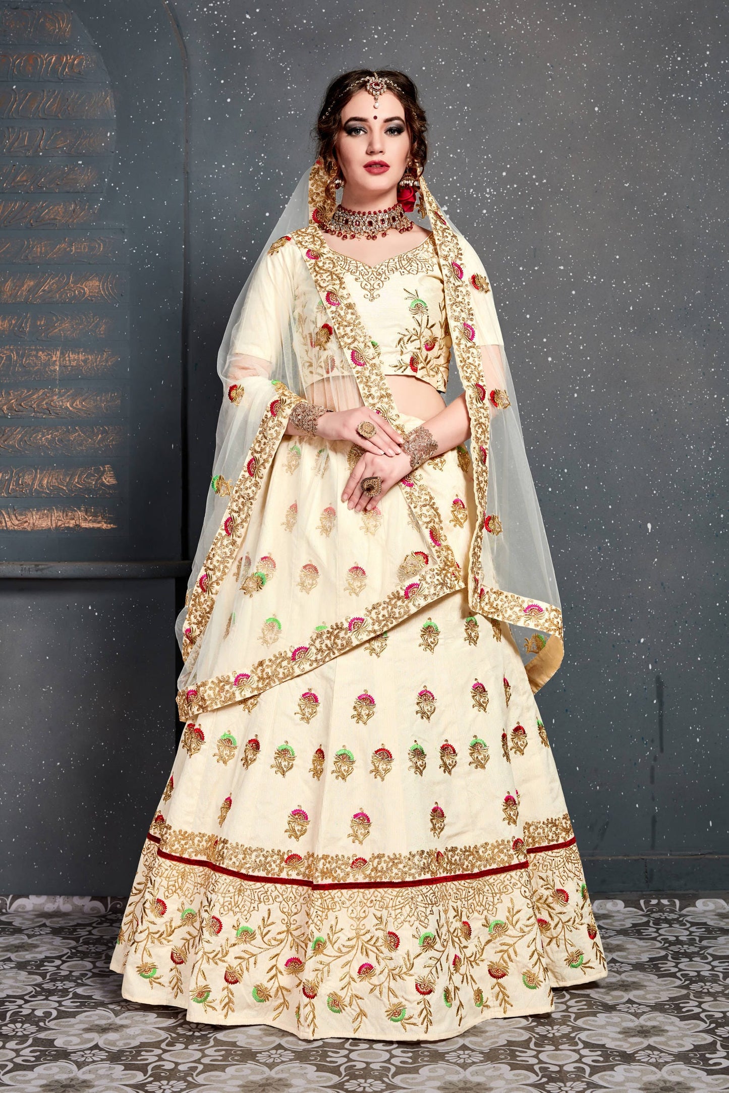 Ivory Bloom Embroidered Slub Silk Lehenga Set