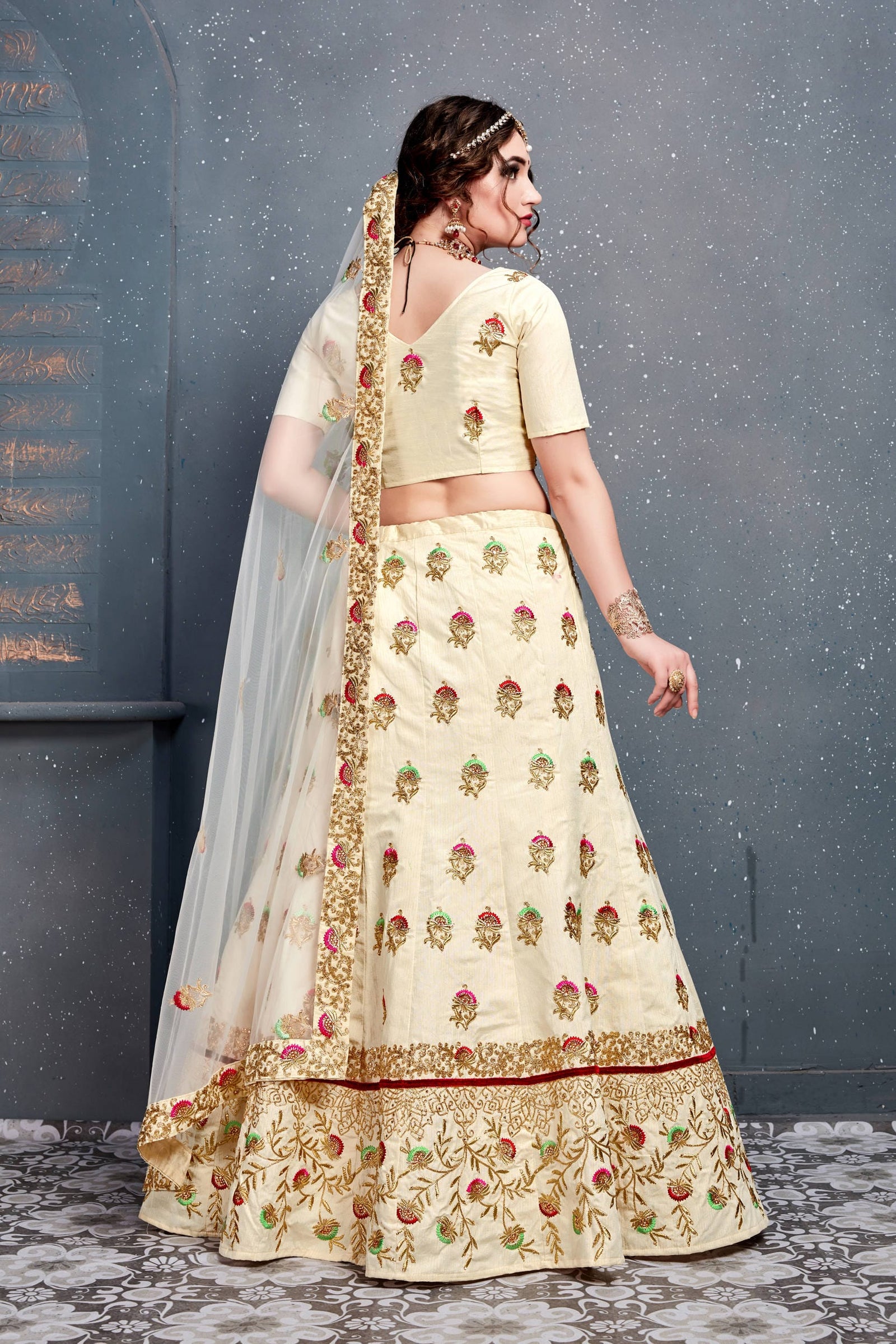 Cream Slub Silk Embroidered Lehenga Choli Set