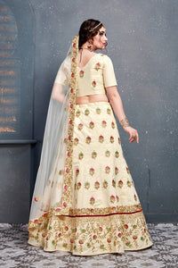 Cream Slub Silk Embroidered Lehenga Choli Set