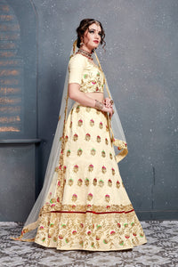 Cream Slub Silk Embroidered Lehenga Choli Set