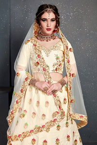 Cream Slub Silk Embroidered Lehenga Choli Set