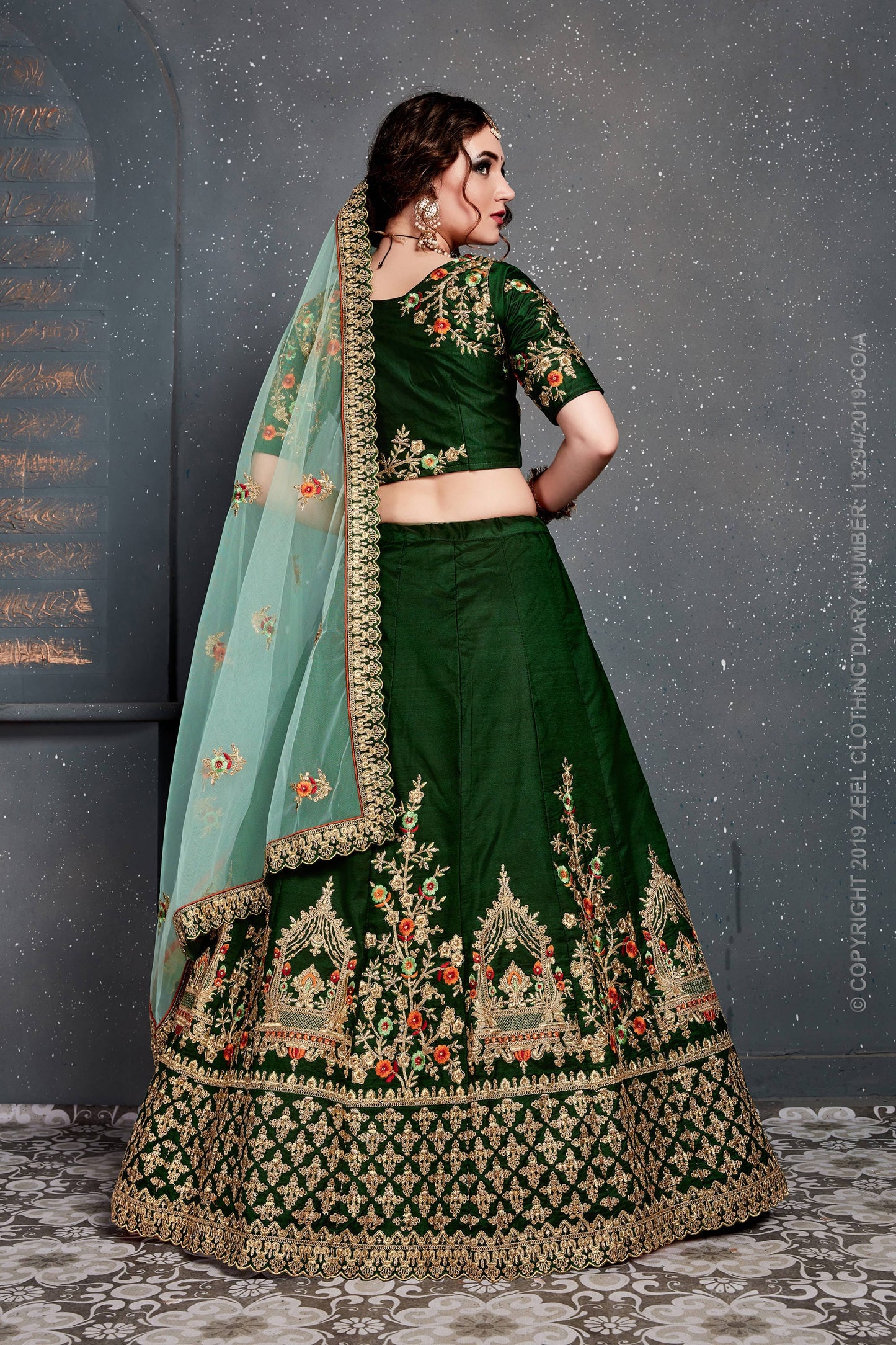 Emerald Grace Embroidered Taffeta Satin Silk Lehenga Set