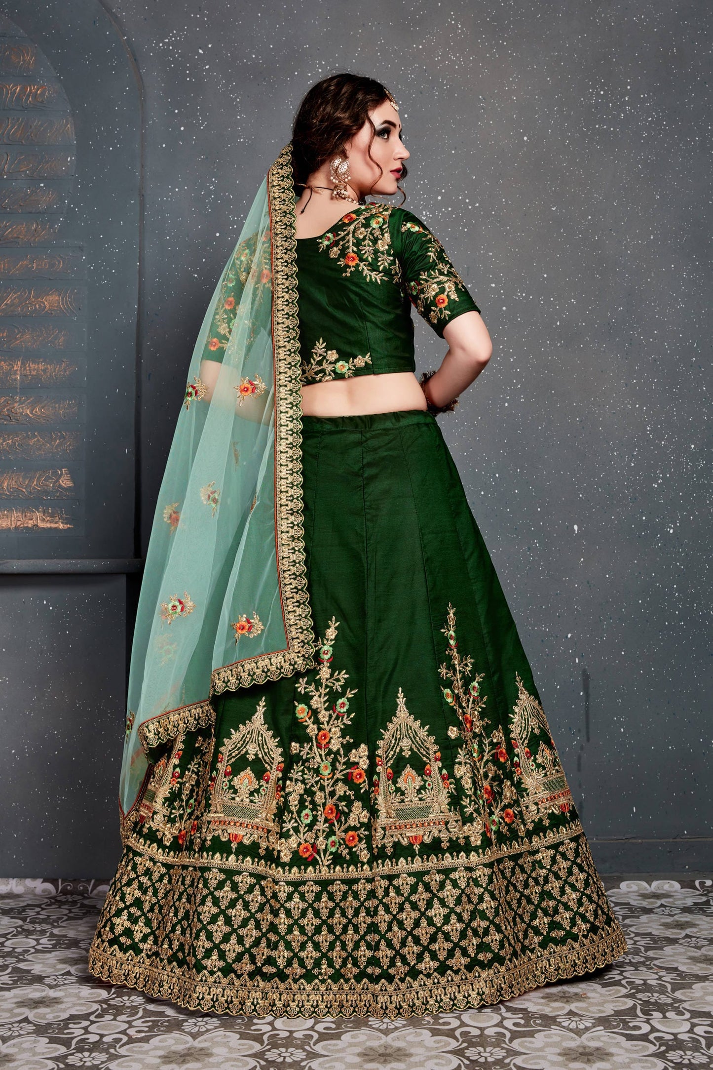 Dark Green Taffeta Satin Silk Embroidered Lehenga Choli