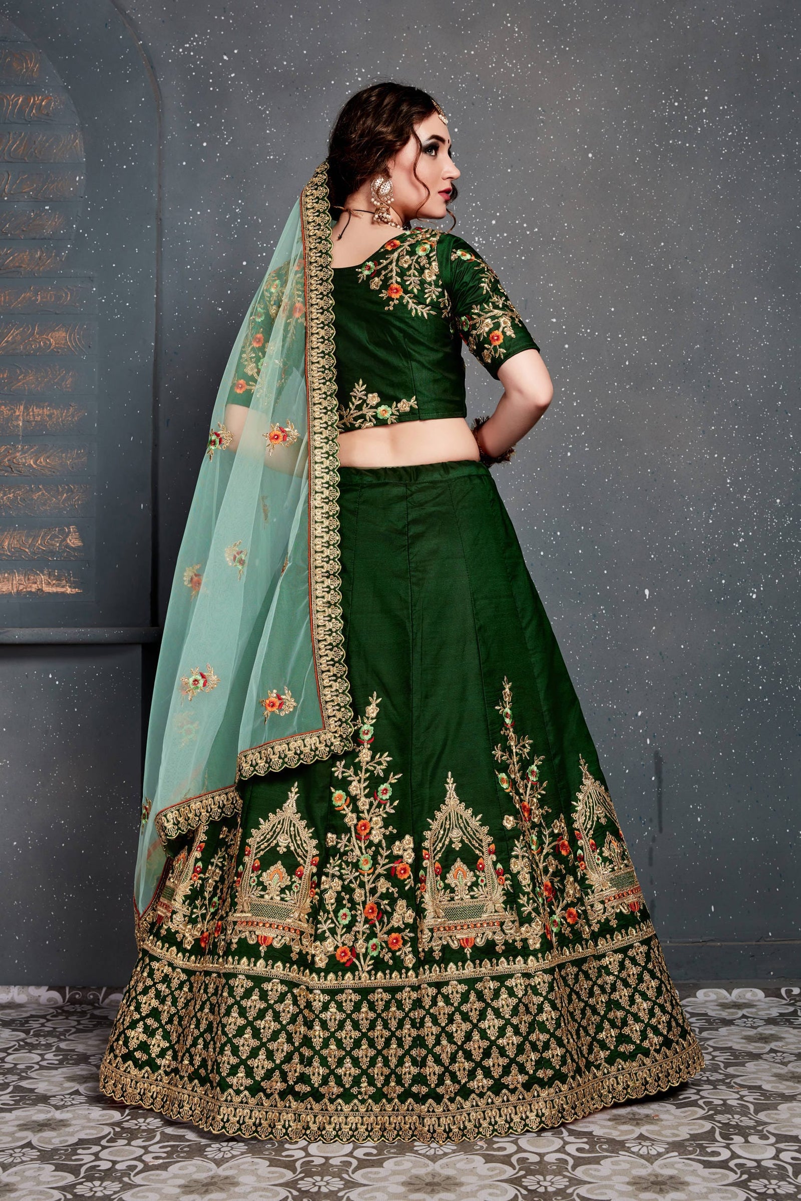 Dark Green Taffeta Satin Silk Embroidered Lehenga Choli