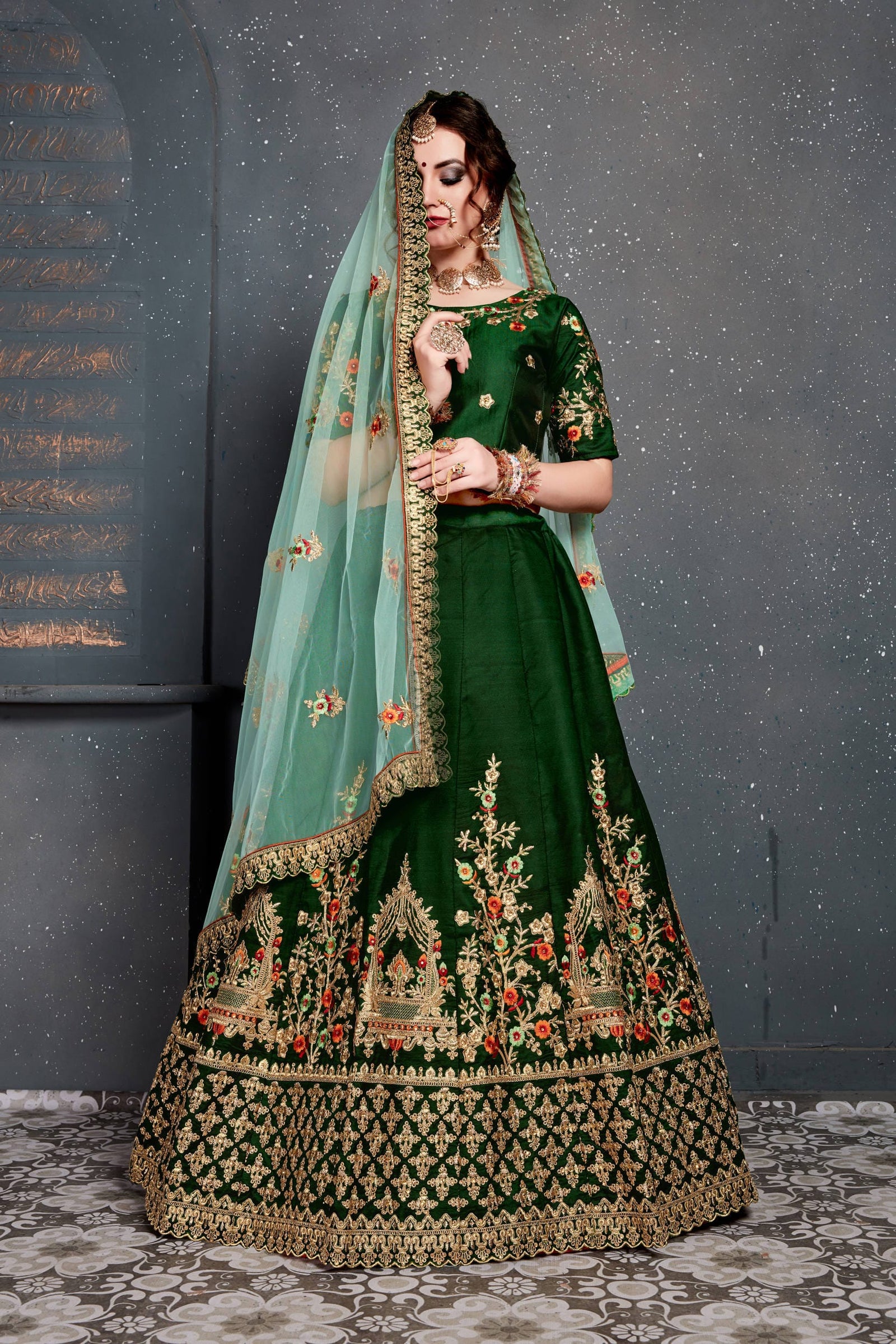 Dark Green Taffeta Satin Silk Embroidered Lehenga Choli
