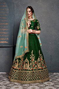 Dark Green Taffeta Satin Silk Embroidered Lehenga Choli