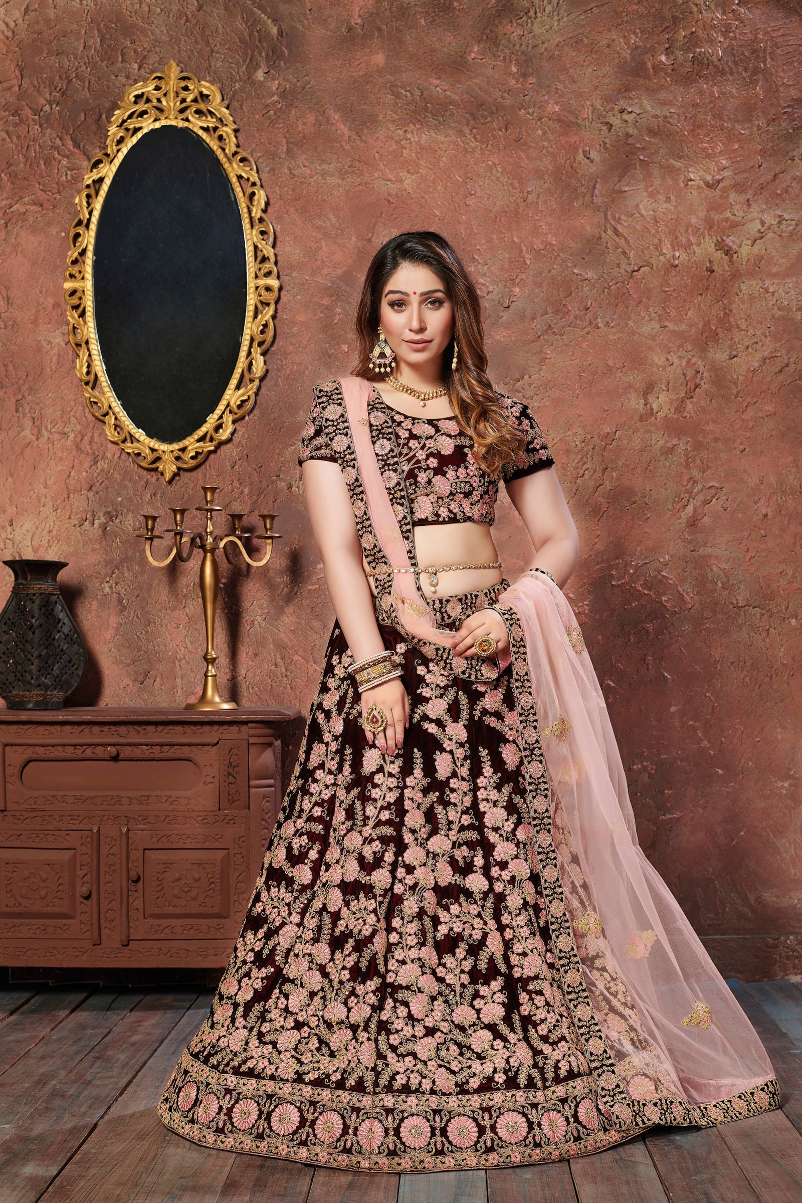 Dark Maroon Velvet Embroidered Lehenga Choli Set
