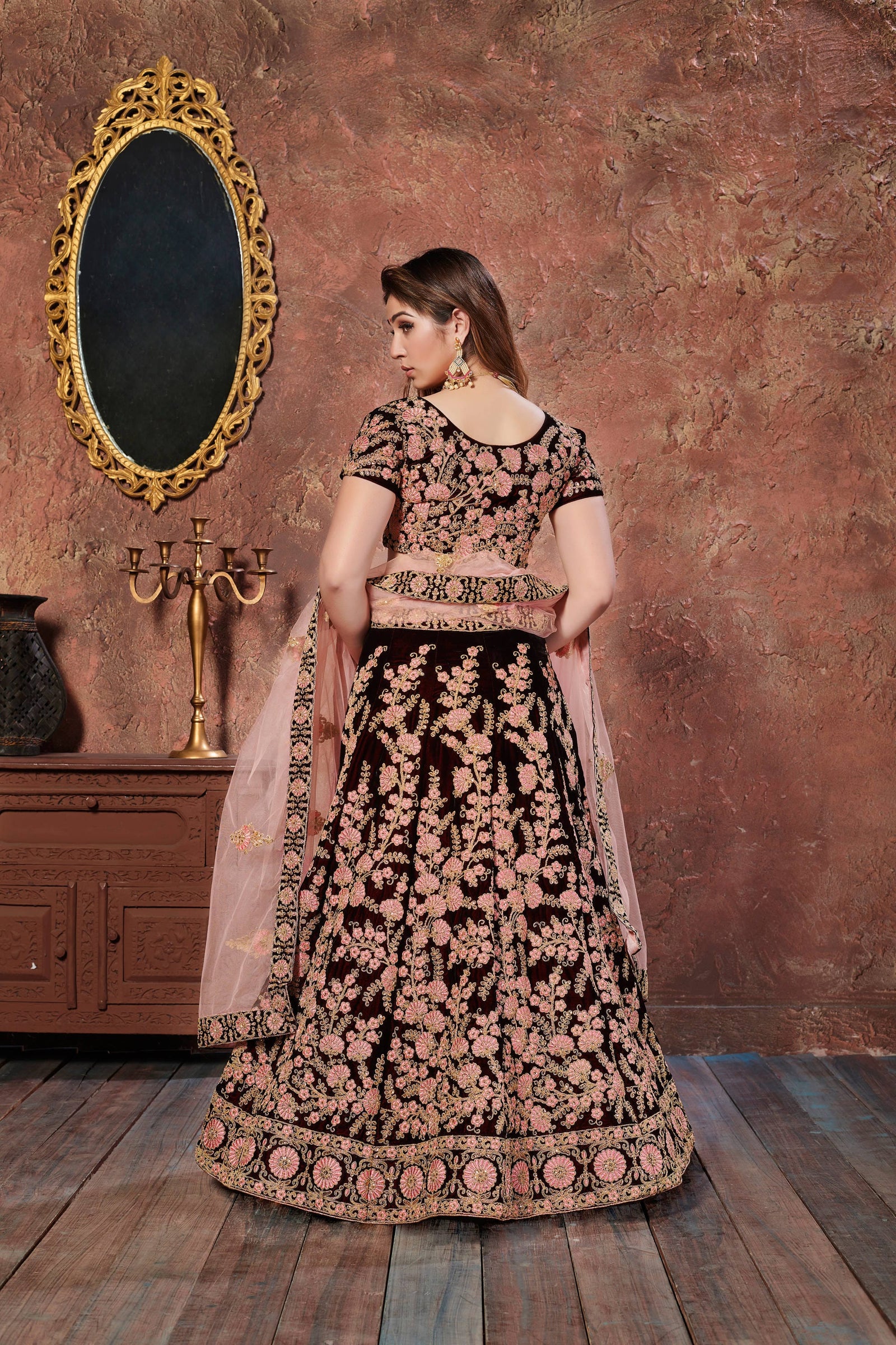 Dark Maroon Velvet Embroidered Lehenga Choli Set