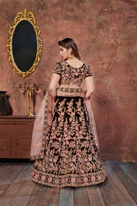 Dark Maroon Velvet Embroidered Lehenga Choli Set