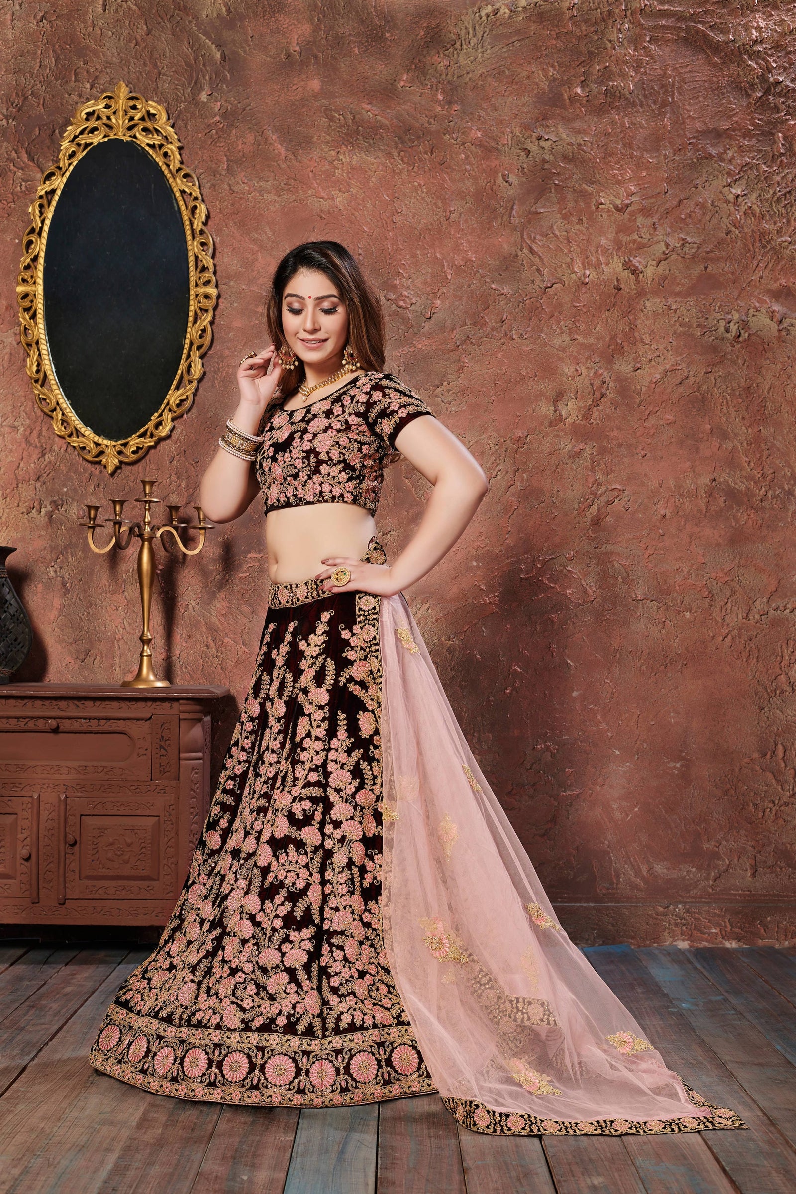 Dark Maroon Velvet Embroidered Lehenga Choli Set