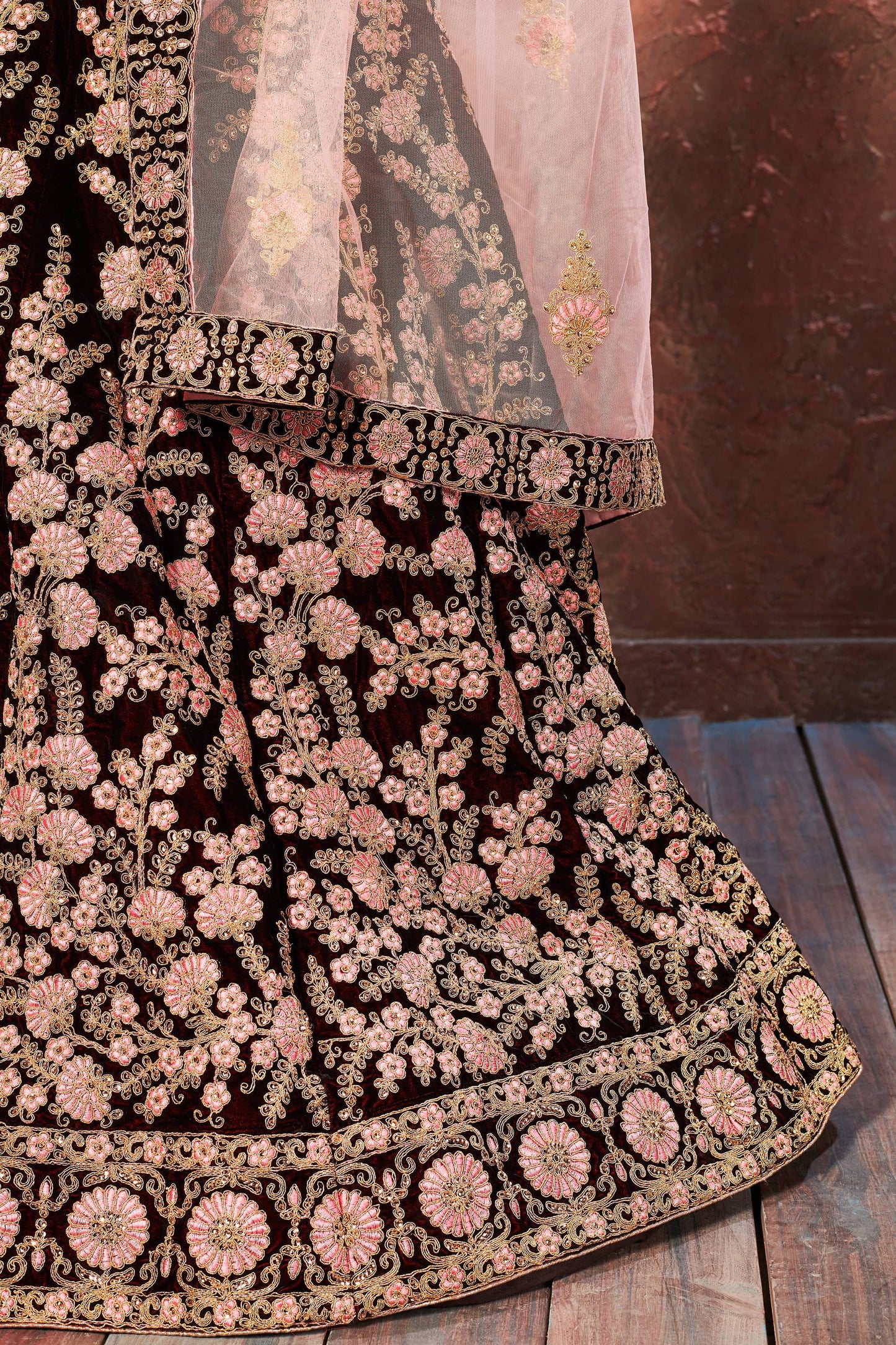 Dark Maroon Velvet Embroidered Lehenga Choli Set
