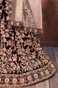 Dark Maroon Velvet Embroidered Lehenga Choli Set