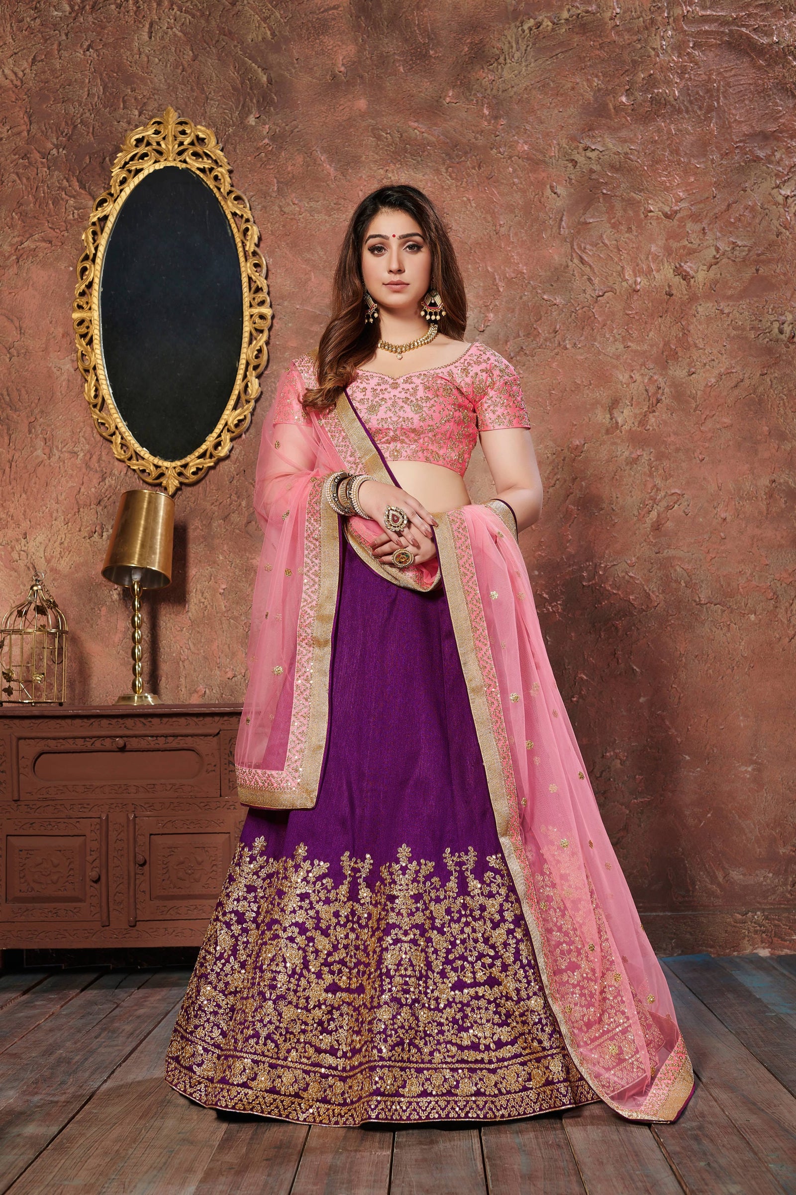 Purple Embroidered Silk Semi-Stitched Lehenga Choli Set