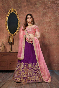 Purple Embroidered Silk Semi-Stitched Lehenga Choli Set