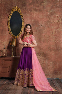 Purple Embroidered Silk Semi-Stitched Lehenga Choli Set