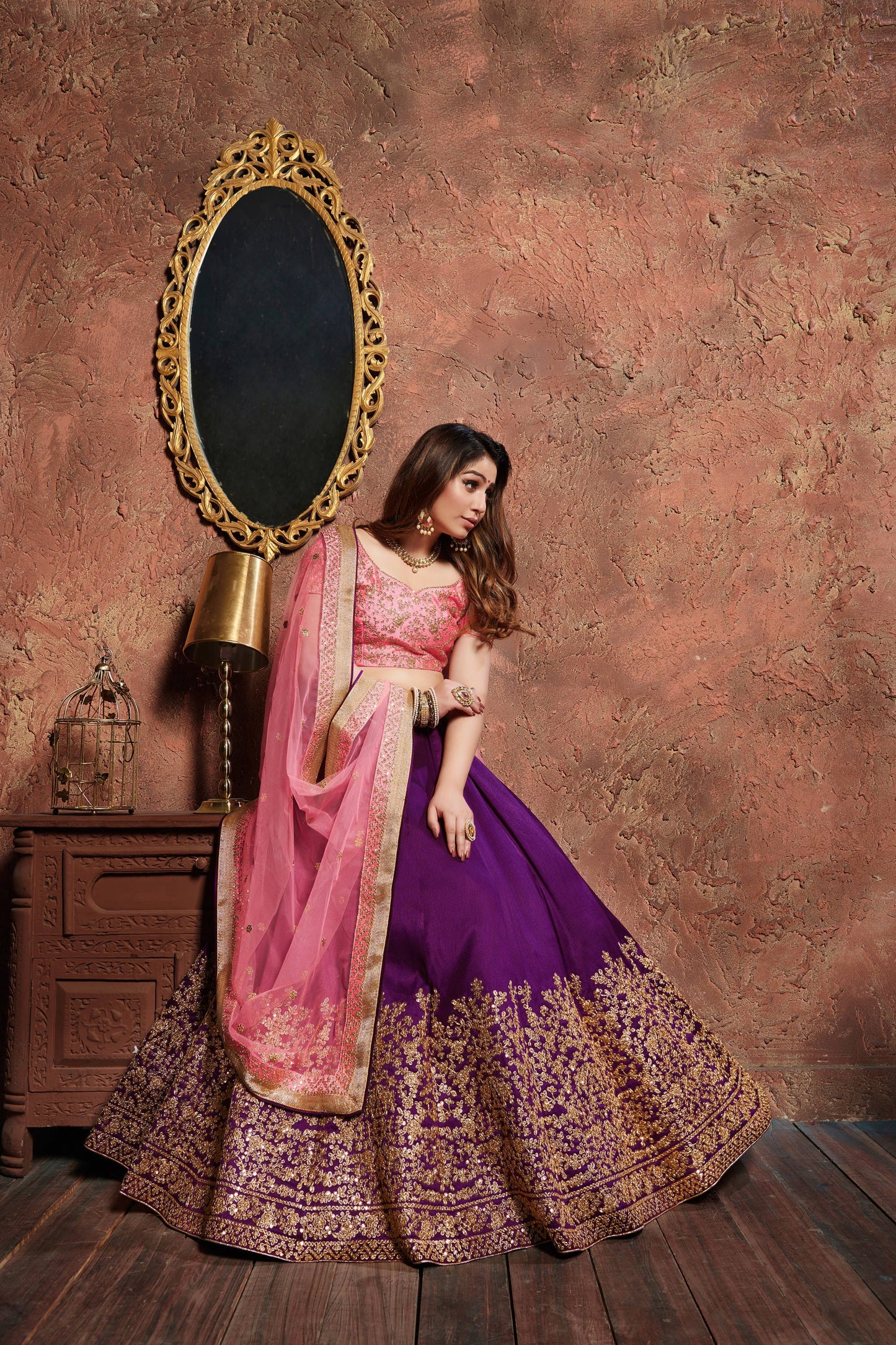 Purple Embroidered Silk Semi-Stitched Lehenga Choli Set