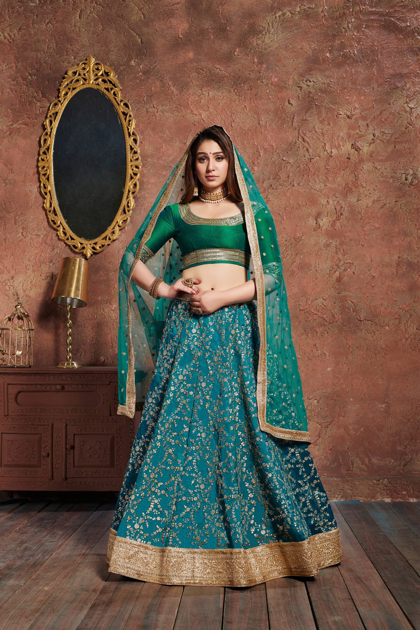 Turquiose Art Silk Embroidered Lehenga Choli Set