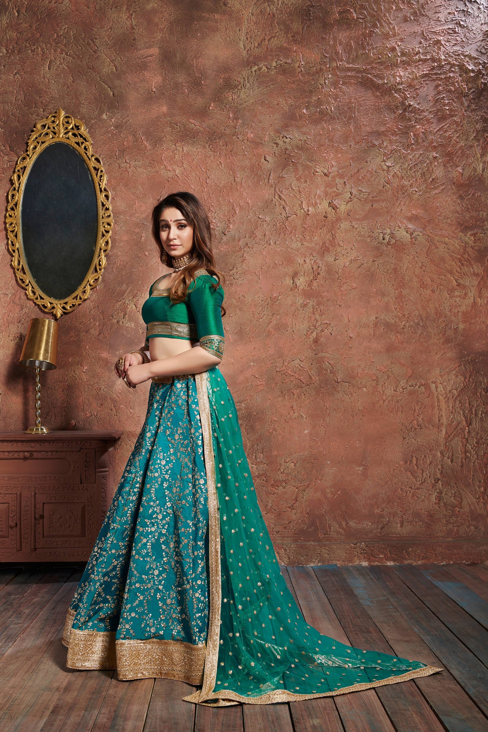 Turquiose Art Silk Embroidered Lehenga Choli Set