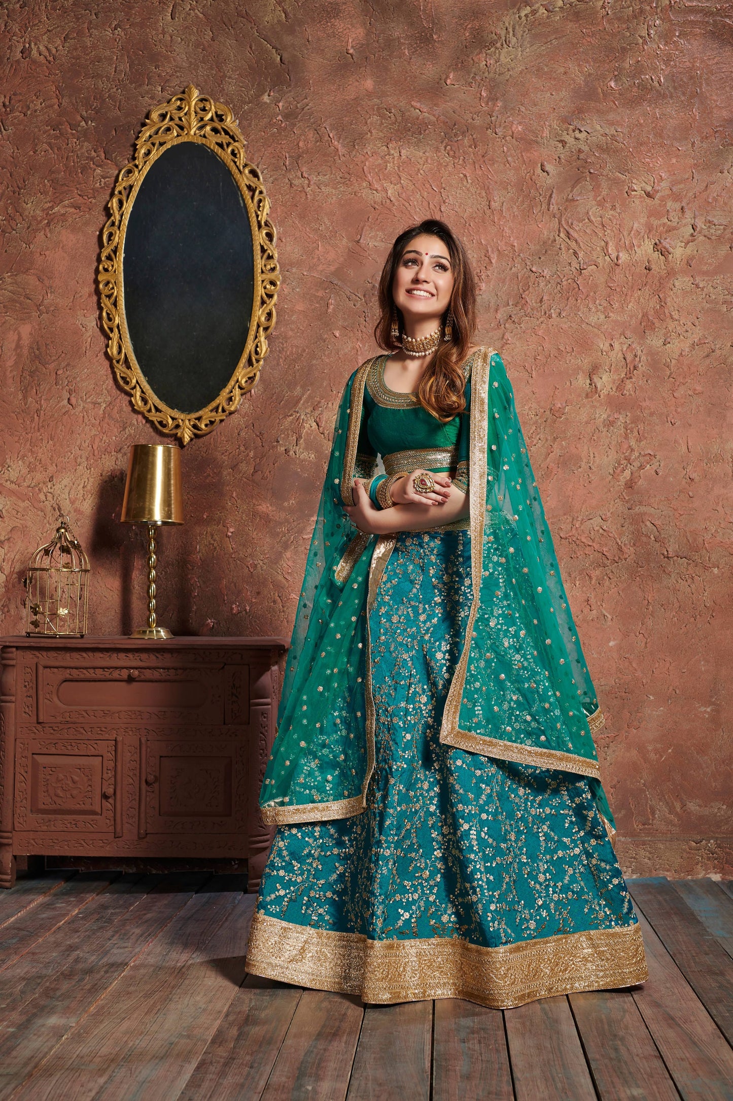 Turquiose Art Silk Embroidered Lehenga Choli Set