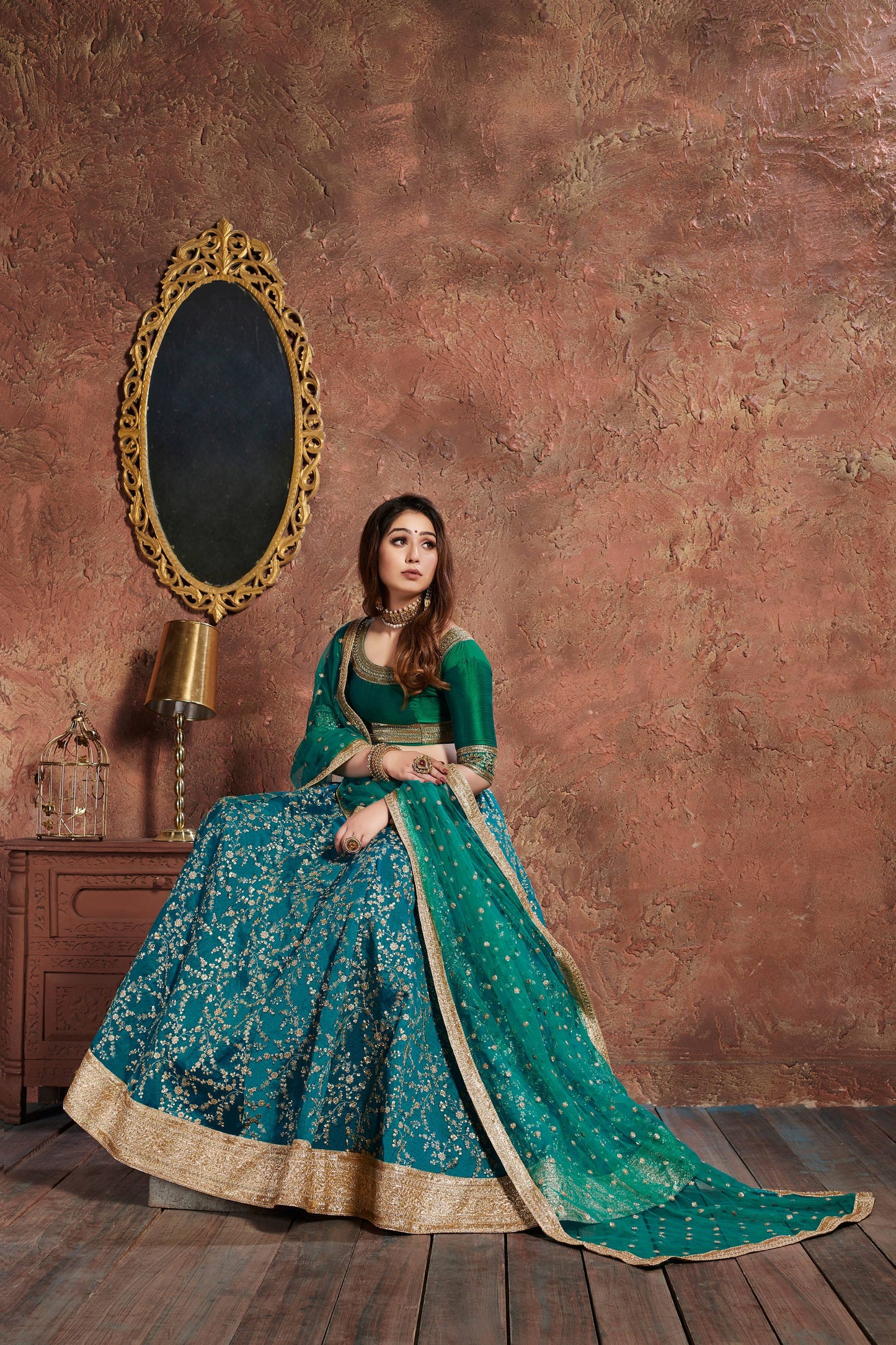 Turquiose Art Silk Embroidered Lehenga Choli Set