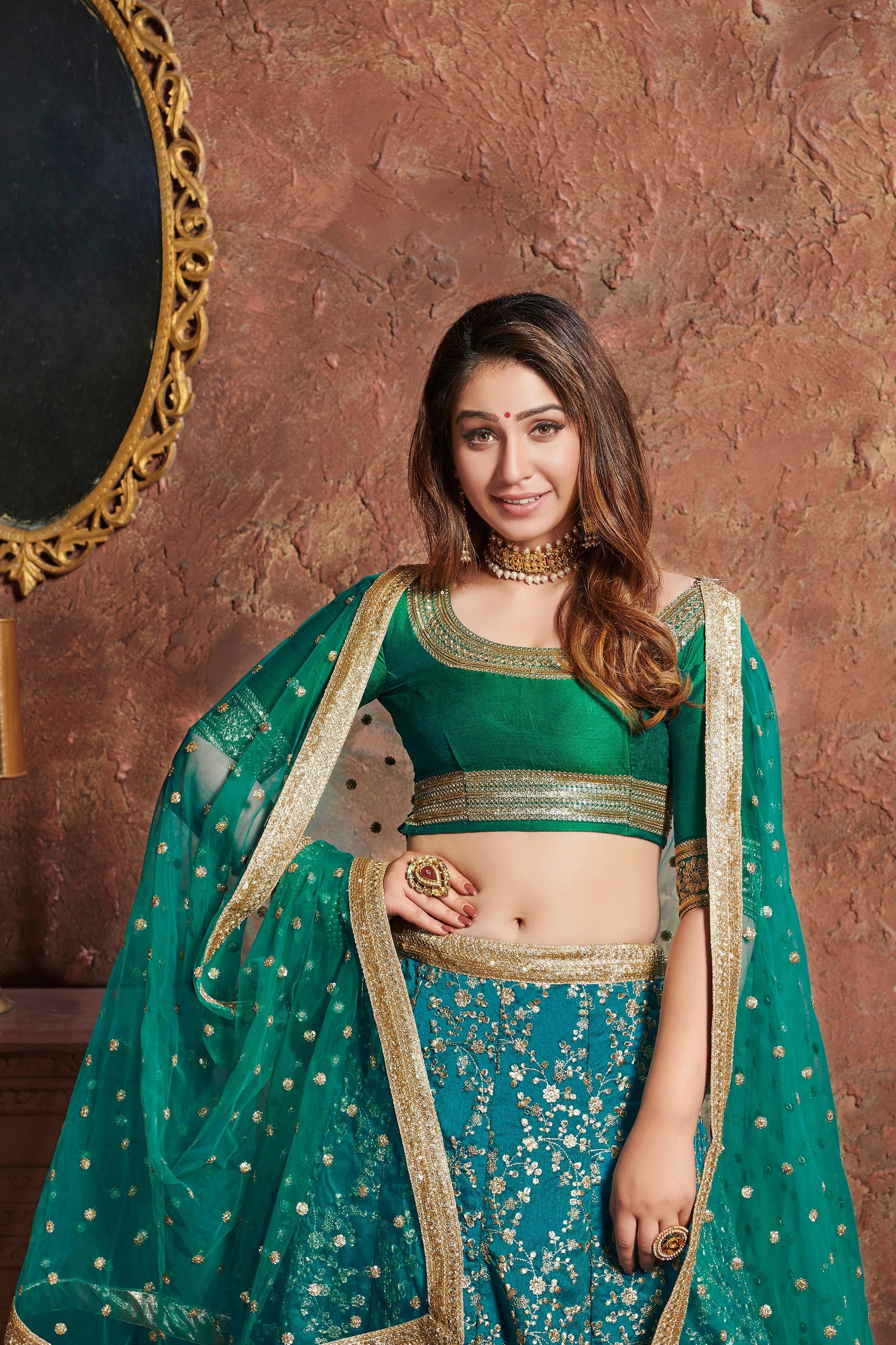 Turquiose Art Silk Embroidered Lehenga Choli Set