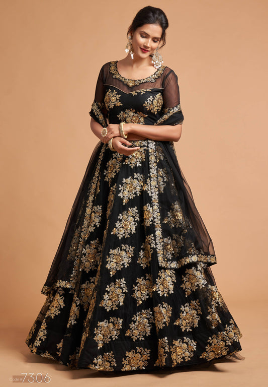 Black Soft Net Zari Embroidered Lehenga Choli Set
