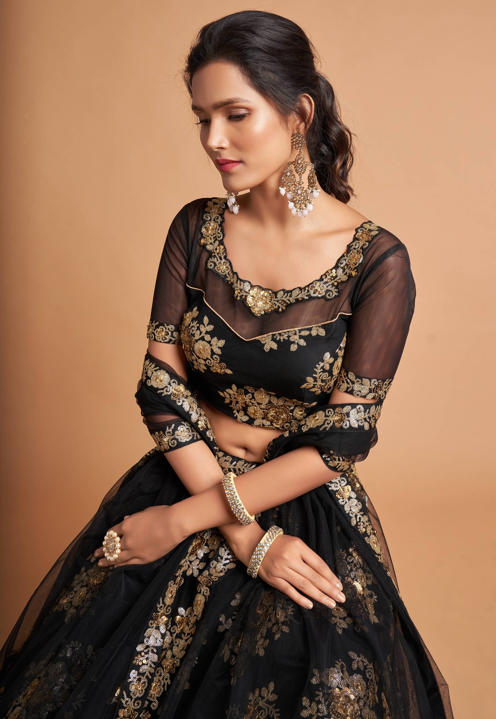 Black Soft Net Zari Embroidered Lehenga Choli Set